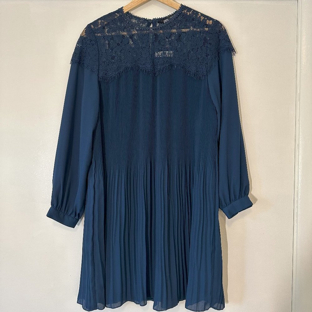 Zara Dark Teal Pleated Chiffon & Lace Shift Dress | *New with tags